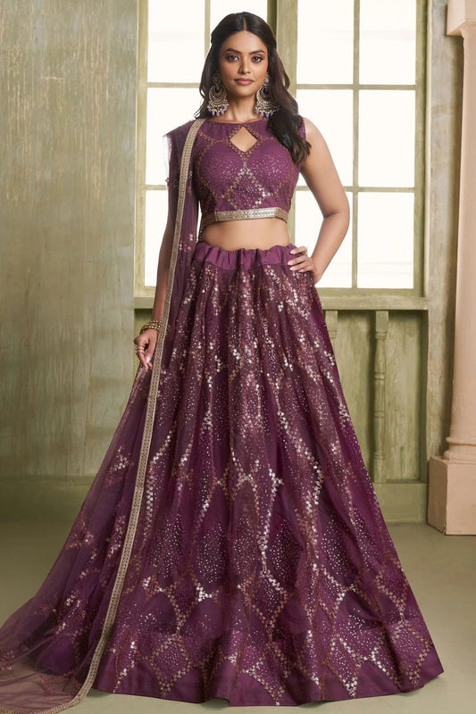 Wine Colour Semi Stitched Butterfly Net Lehenga Choli LC1112526