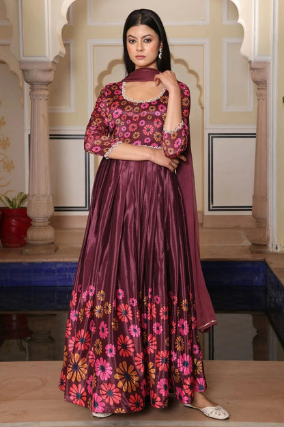Wine Colour Semi Stitched Chinon Silk Anarkali Suit SM1170038 A