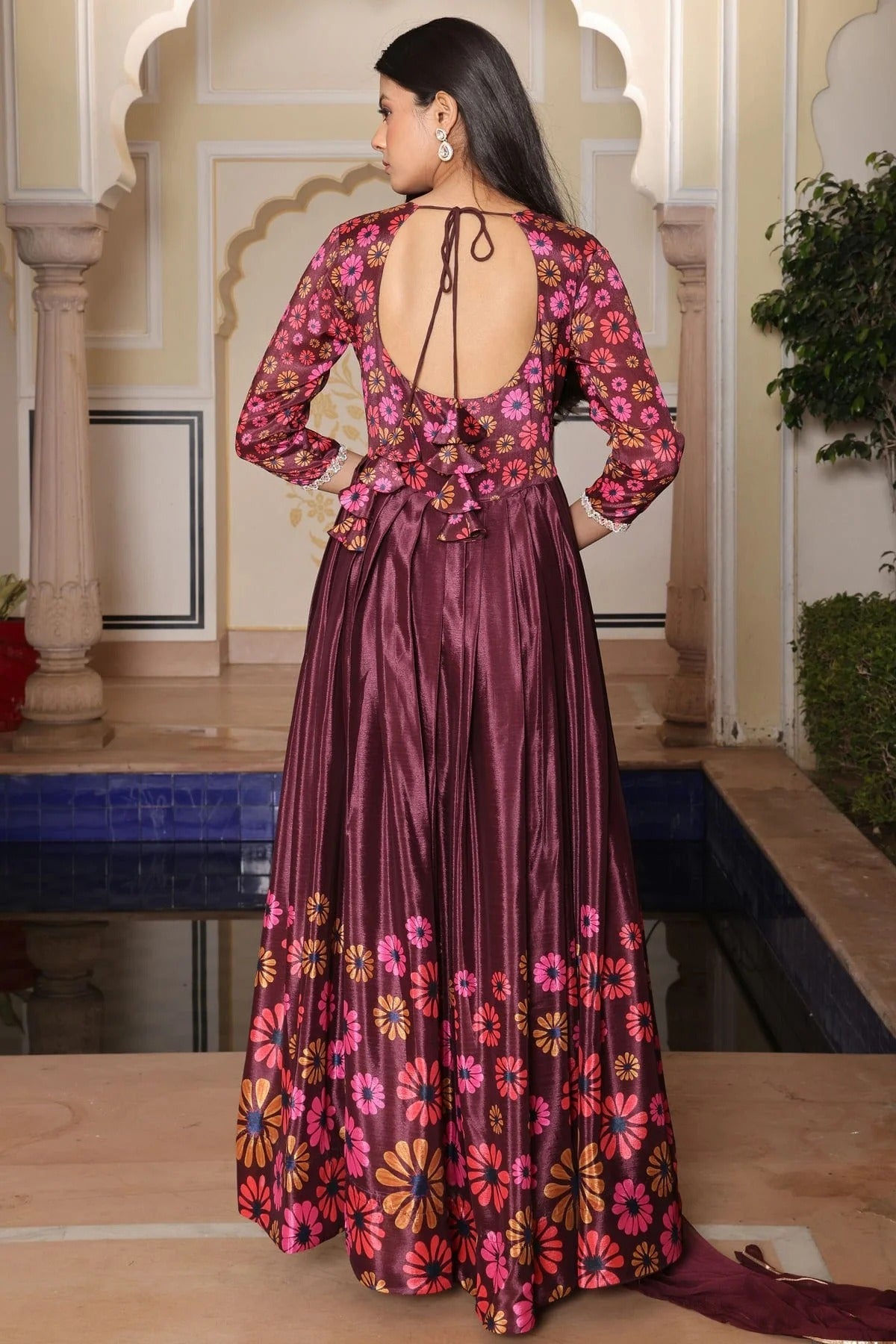 Wine Colour Semi Stitched Chinon Silk Anarkali Suit SM1170038 B