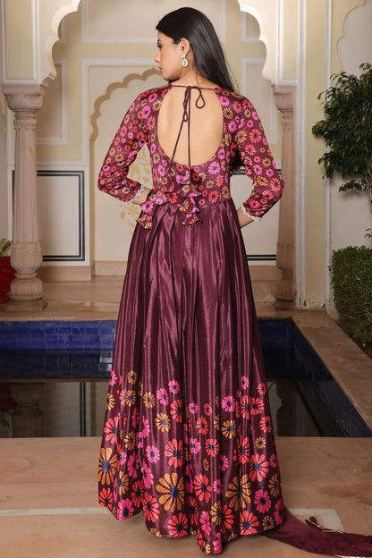 Wine Colour Semi Stitched Chinon Silk Anarkali Suit SM1170038 B