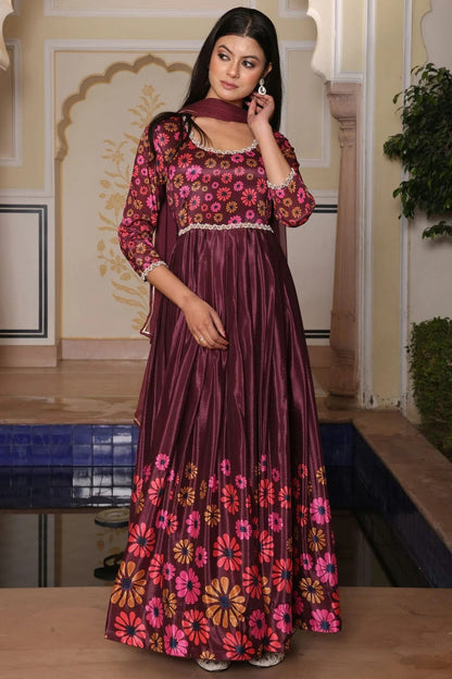 Wine Colour Semi Stitched Chinon Silk Anarkali Suit SM1170038