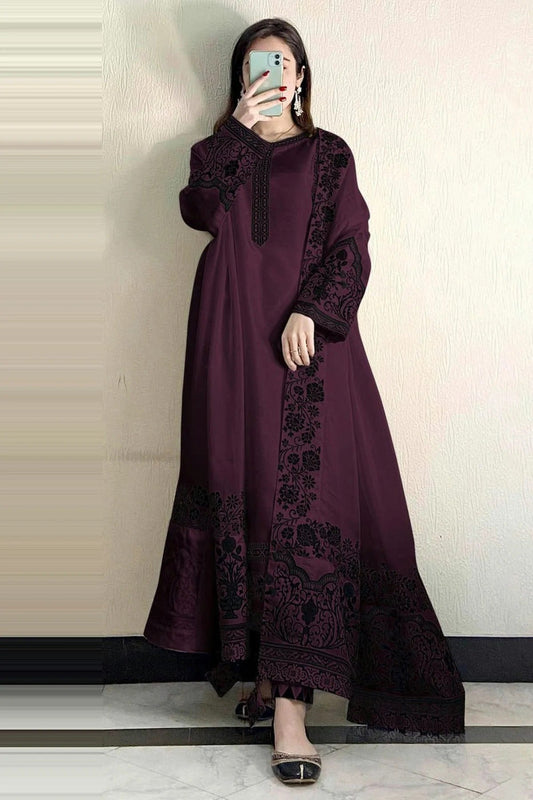Wine Colour Semi Stitched Faux Georgette Pakistani Suit SM1140269