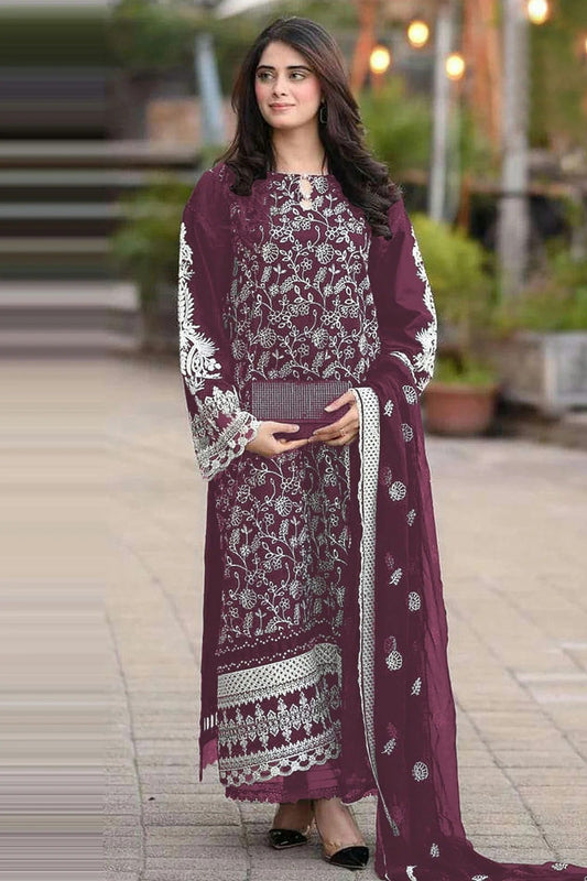Wine Colour Semi Stitched Faux Georgette Pakistani Suit SM1140274