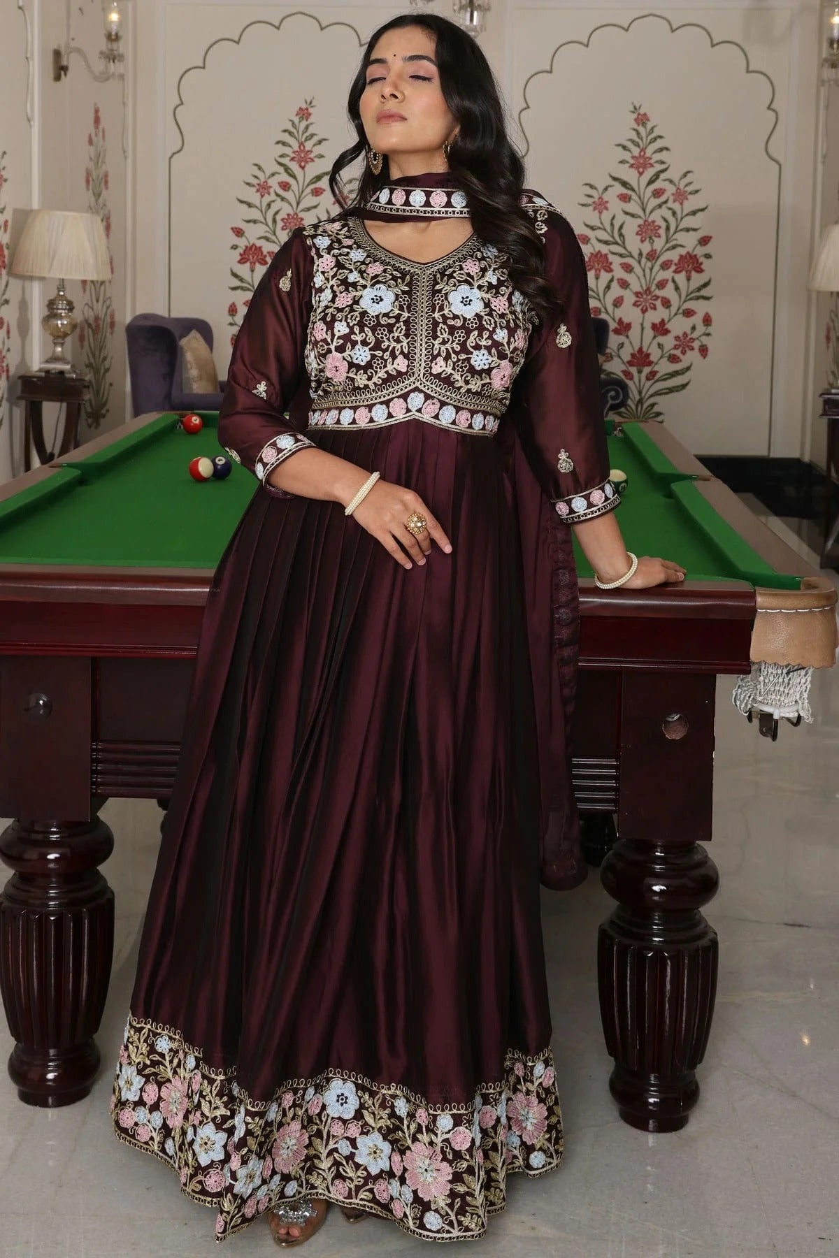 Wine Colour Semi Stitched Rangoli Silk Anarkali Suit SM1170032 A