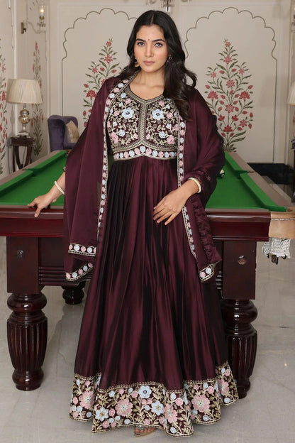 Wine Colour Semi Stitched Rangoli Silk Anarkali Suit SM1170032