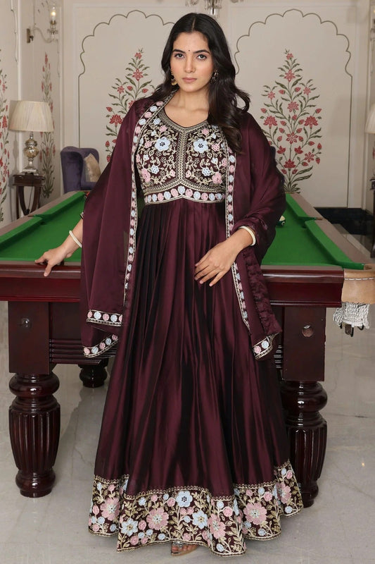 Wine Colour Semi Stitched Rangoli Silk Anarkali Suit SM1170032