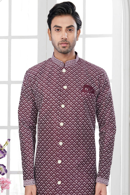 Wine Colour Silk Dupion Sherwani SH1040598 A
