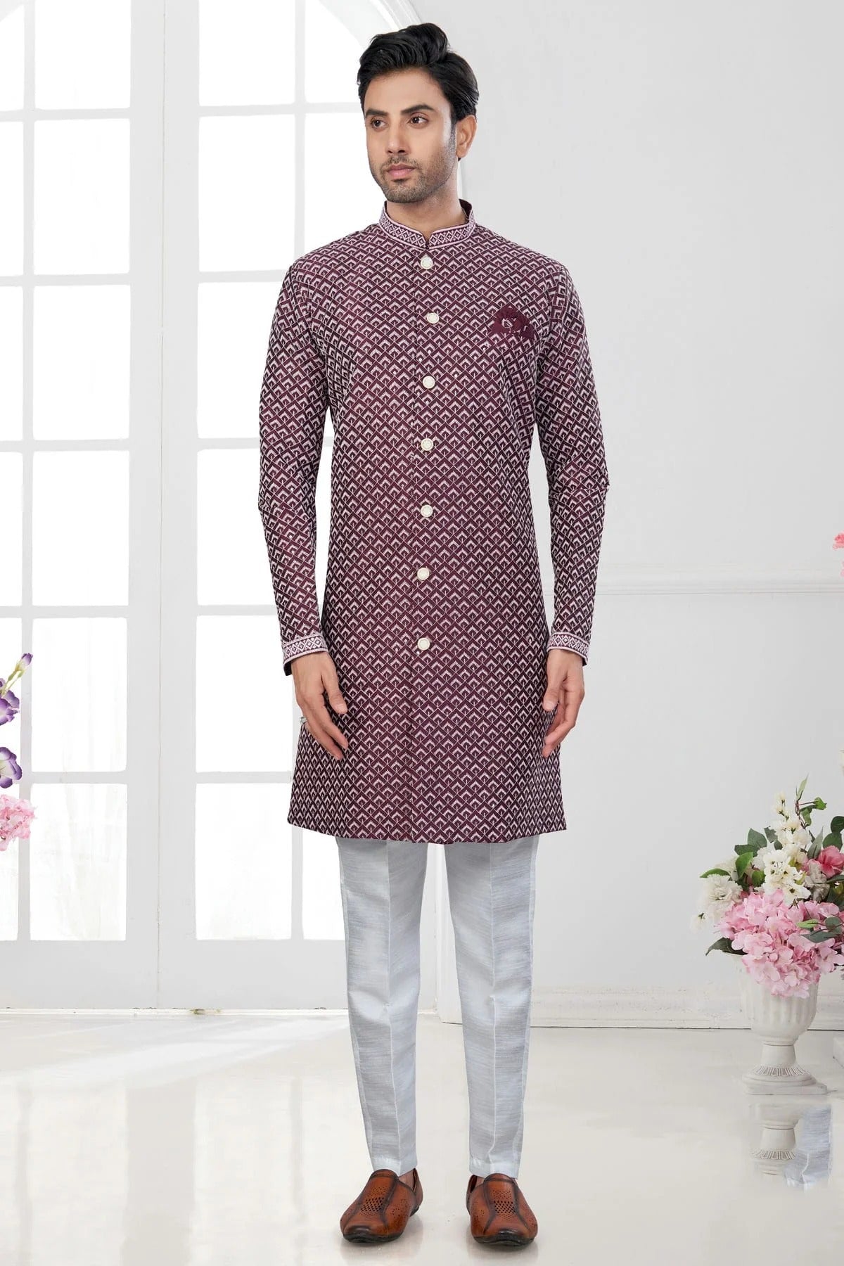 Wine Colour Silk Dupion Sherwani SH1040598