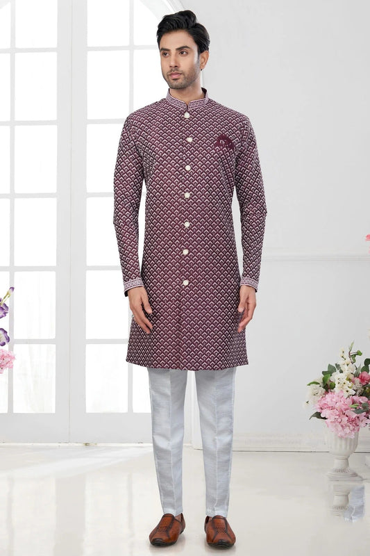Wine Colour Silk Dupion Sherwani SH1040598