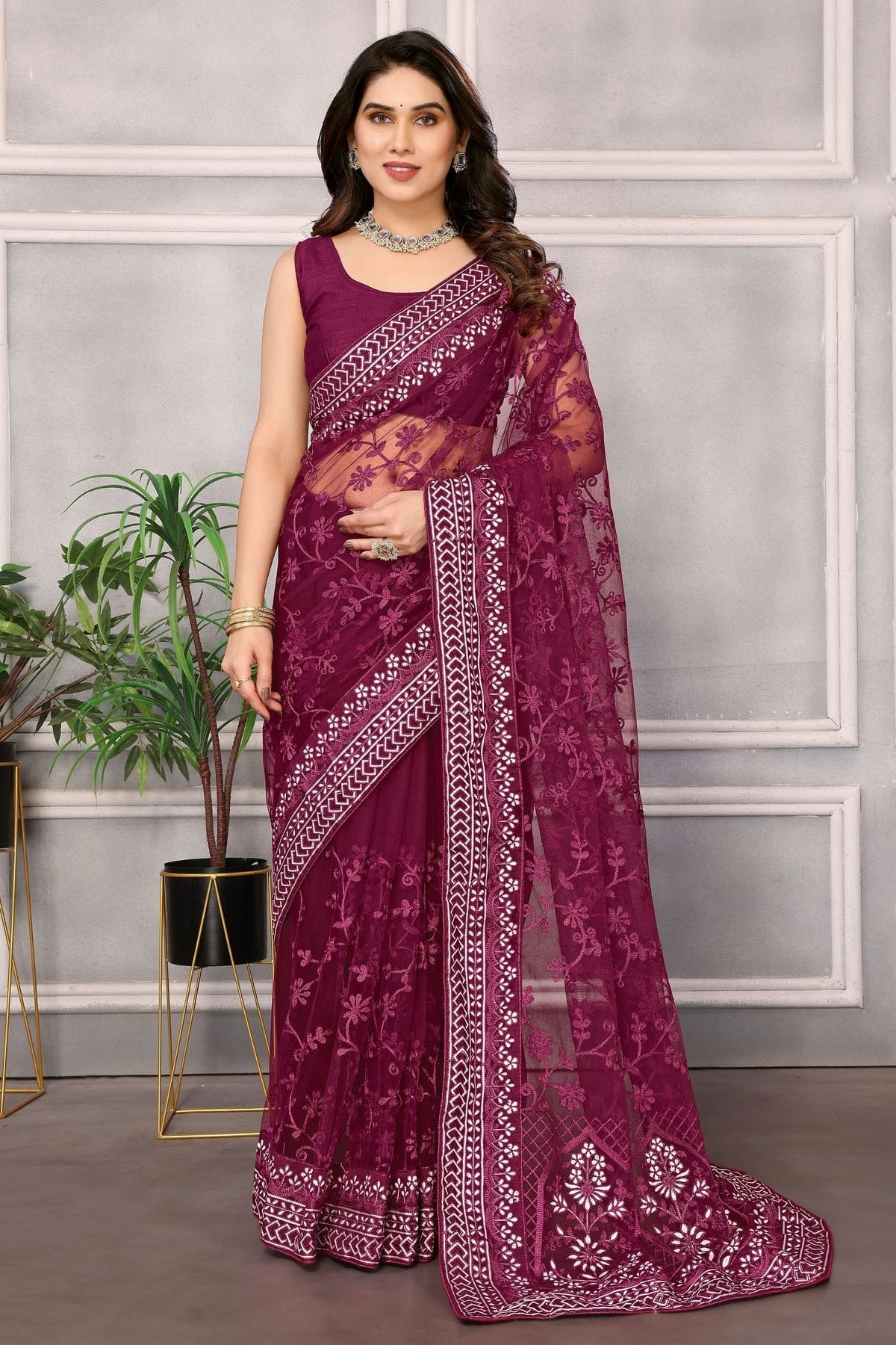 Wine Colour Soft Net Saree SD1110198