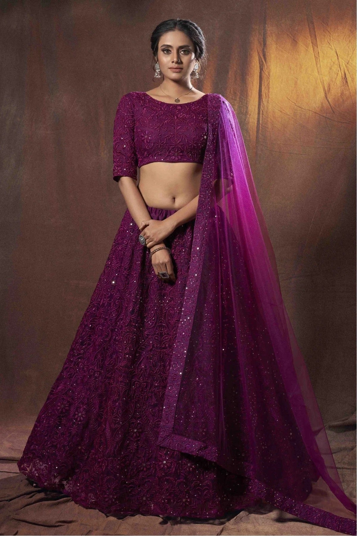 Wine Colour Soft Net Sequins Work Lehenga Choli LC1080526