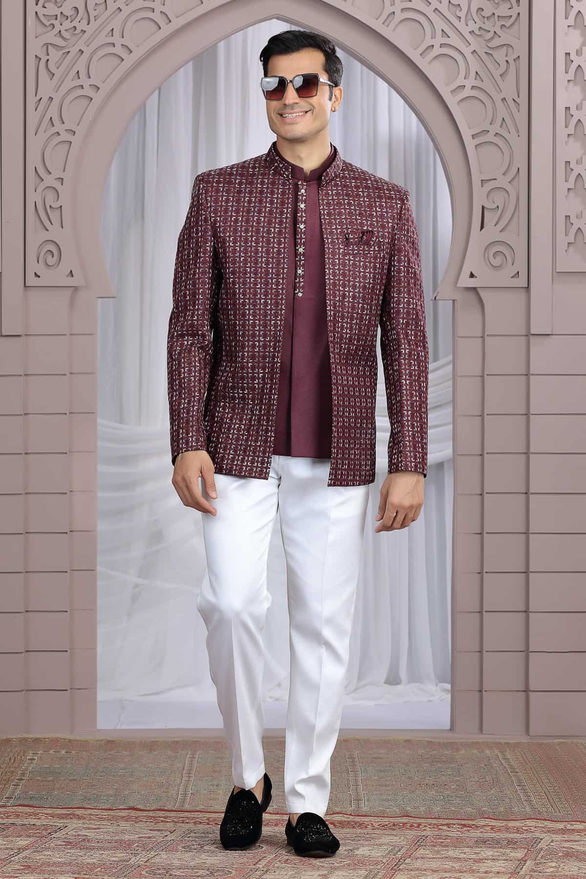 Wine Colour Thread Work Embroidery Art Silk 3 Pcs Jacket Jodhpuri