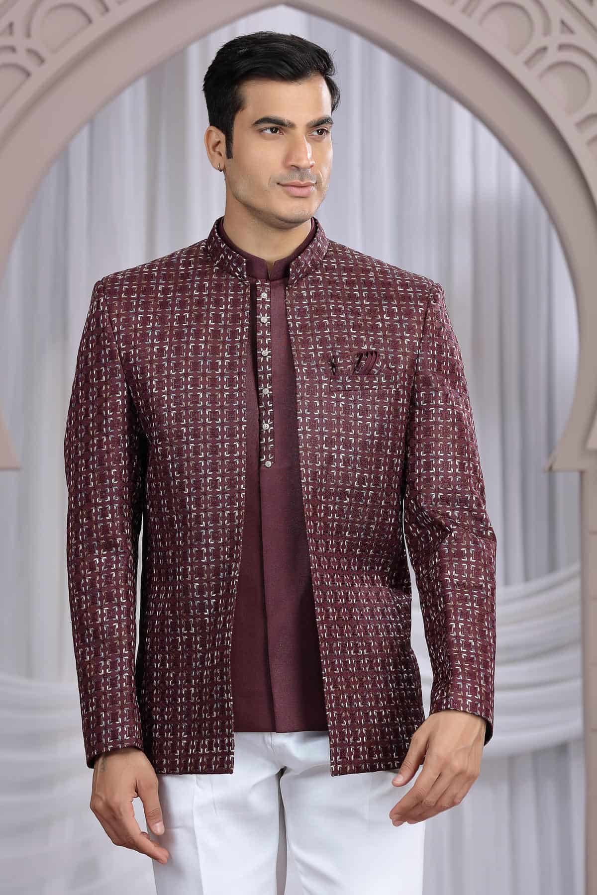 Wine Colour Thread Work Embroidery Art Silk 3 Pcs Jacket Jodhpuri