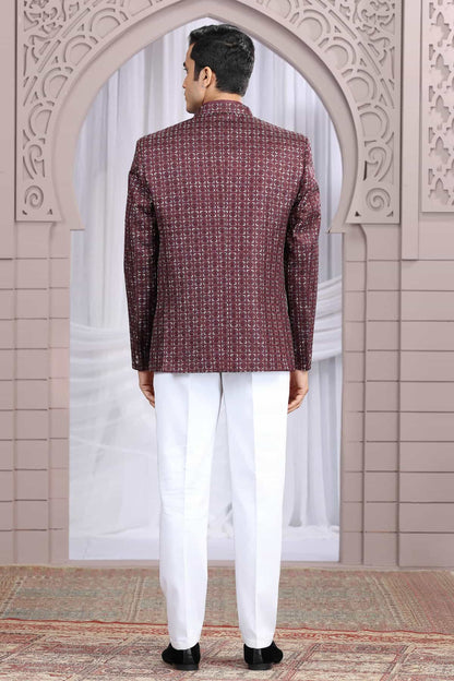Wine Colour Thread Work Embroidery Art Silk 3 Pcs Jacket Jodhpuri