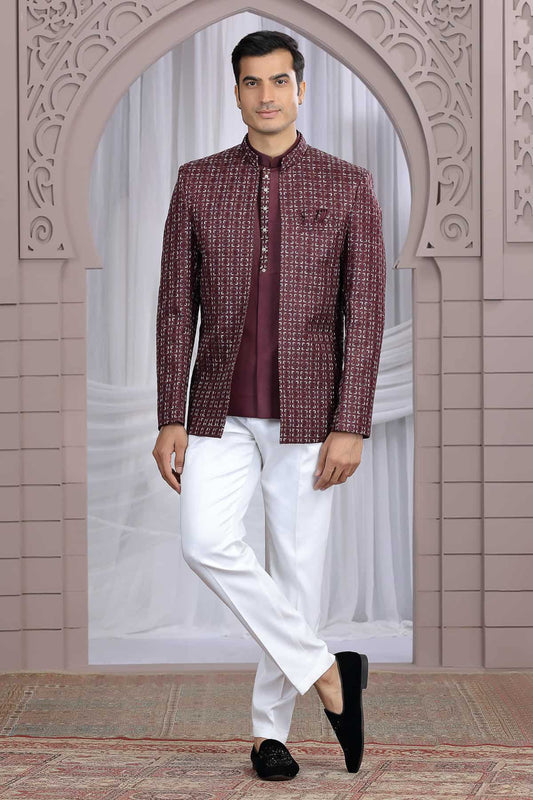 Wine Colour Thread Work Embroidery Art Silk 3 Pcs Jacket Jodhpuri