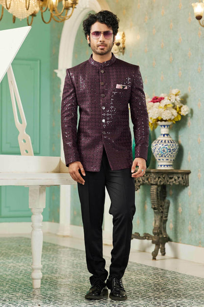 Wine Colour Thread Work Embroidery Art Silk Jodhpuri Set JP1230635