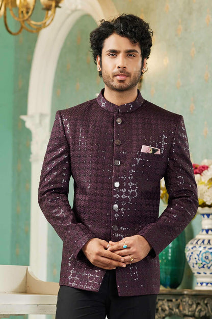 Wine Colour Thread Work Embroidery Art Silk Jodhpuri Set JP1230635