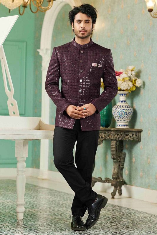 Wine Colour Thread Work Embroidery Art Silk Jodhpuri Set JP1230635