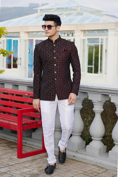 Wine Colour Thread Work Embroidery Velvet Jodhpuri JP1230643