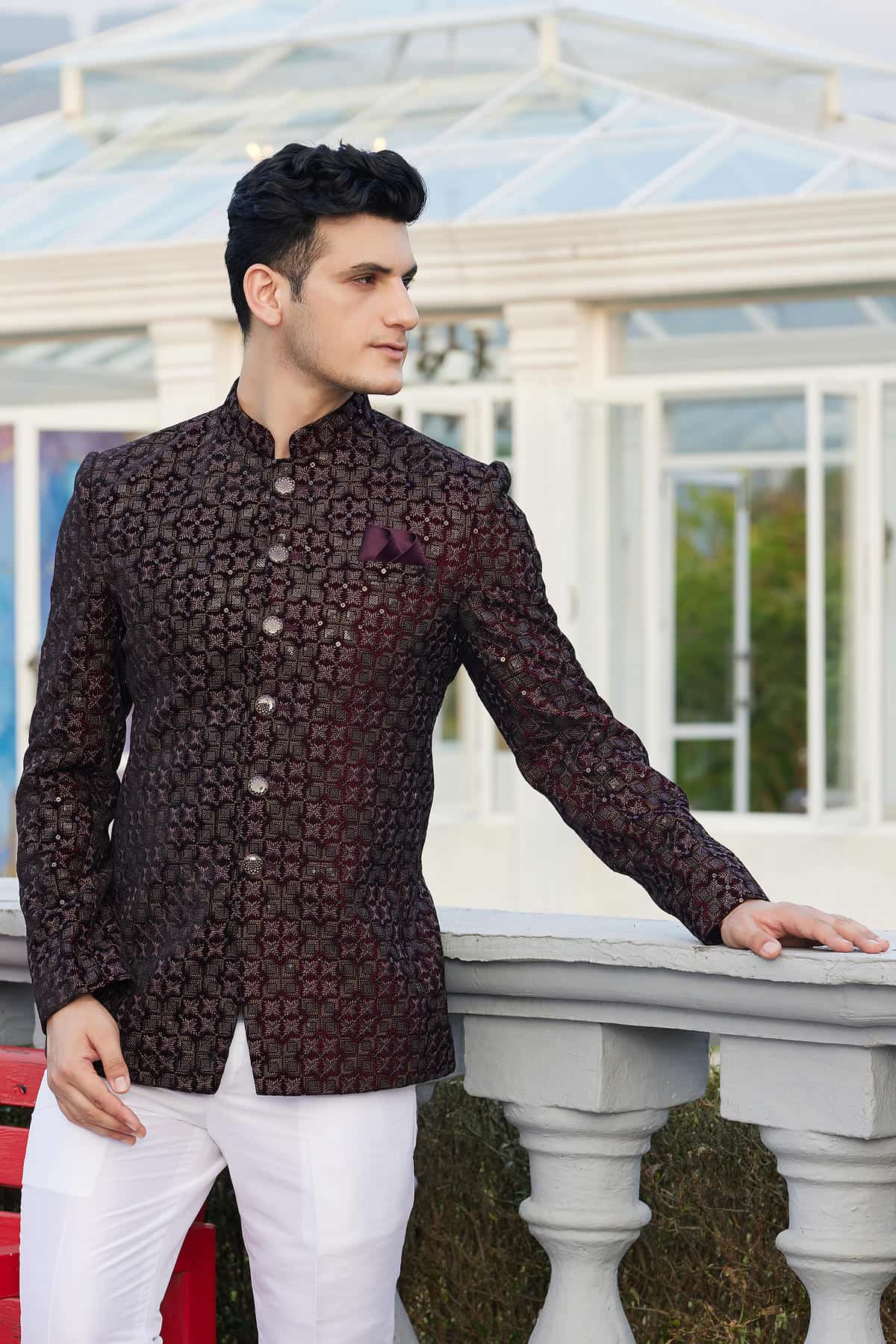 Wine Colour Thread Work Embroidery Velvet Jodhpuri JP1230643