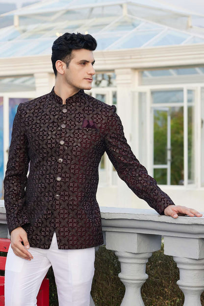 Wine Colour Thread Work Embroidery Velvet Jodhpuri JP1230643
