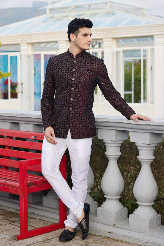 Wine Colour Thread Work Embroidery Velvet Jodhpuri JP1230643