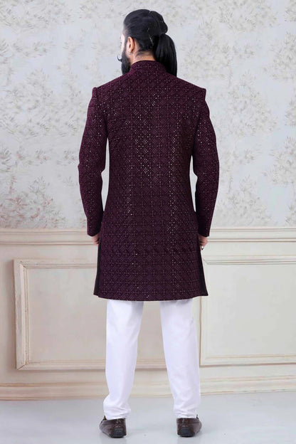 Wine Colour Velvet Indo Western Sherwani SH1130038 A