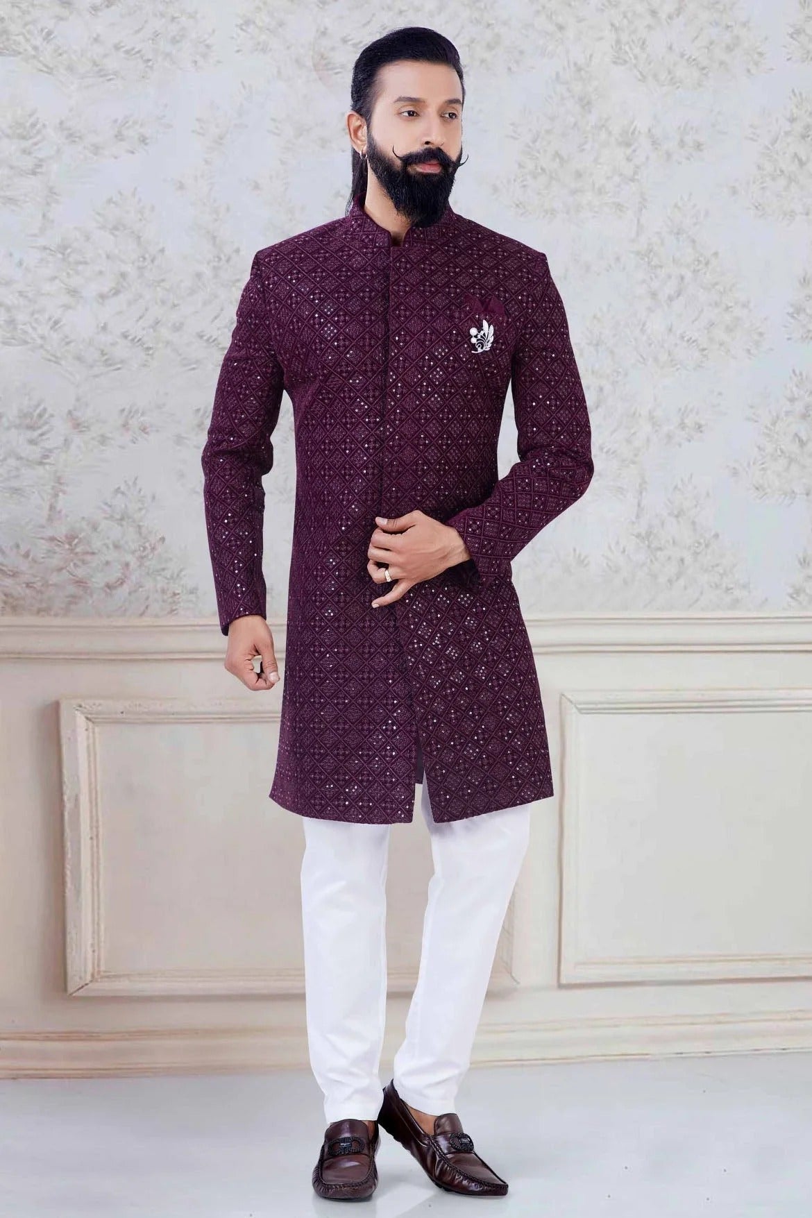 Wine Colour Velvet Indo Western Sherwani SH1130038