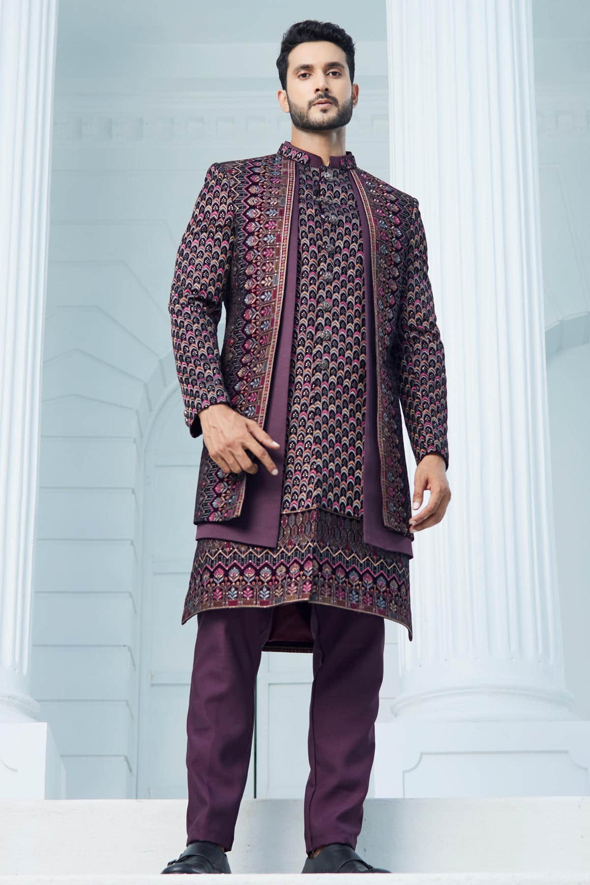 Wine Colour Velvet Thread Embroidery Work 3 Pcs Jacket Set