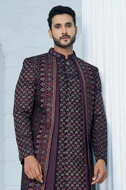 Wine Colour Velvet Thread Embroidery Work 3 Pcs Jacket Set