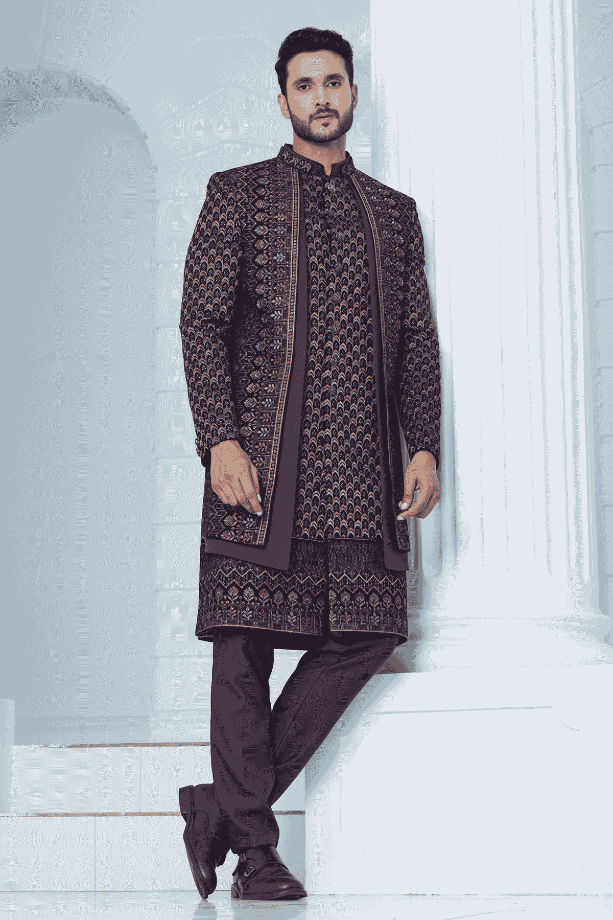 Wine Colour Velvet Thread Embroidery Work 3 Pcs Jacket Set