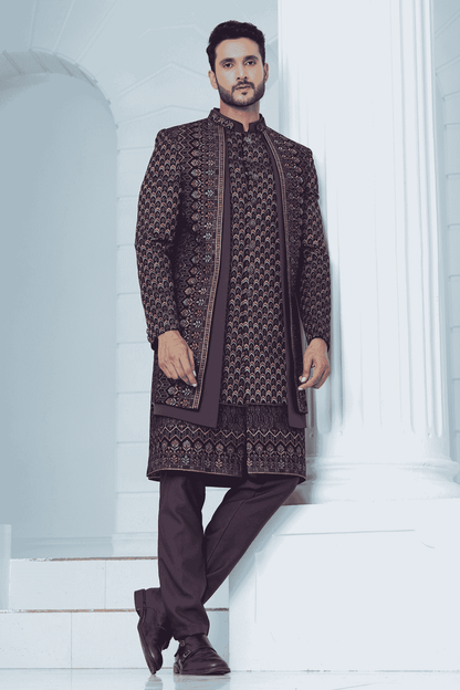 Wine Colour Velvet Thread Embroidery Work 3 Pcs Jacket Set