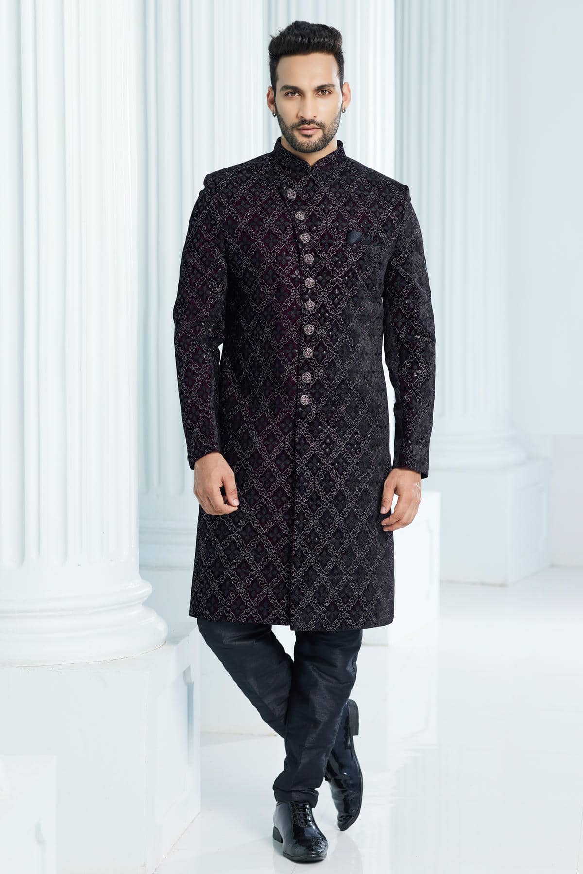 Wine Colour Velvet Thread Embroidery Work Indo Western