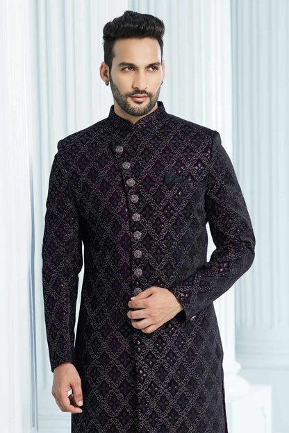 Wine Colour Velvet Thread Embroidery Work Indo Western