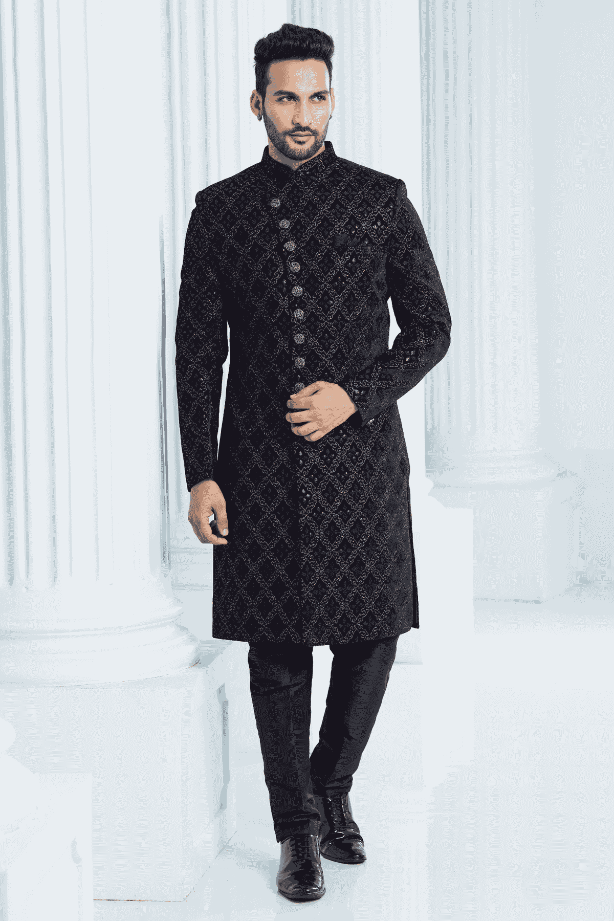 Wine Colour Velvet Thread Embroidery Work Indo Western