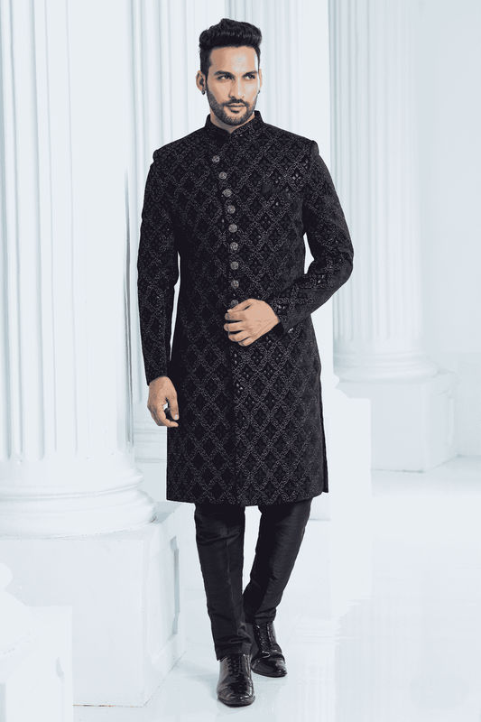 Wine Colour Velvet Thread Embroidery Work Indo Western