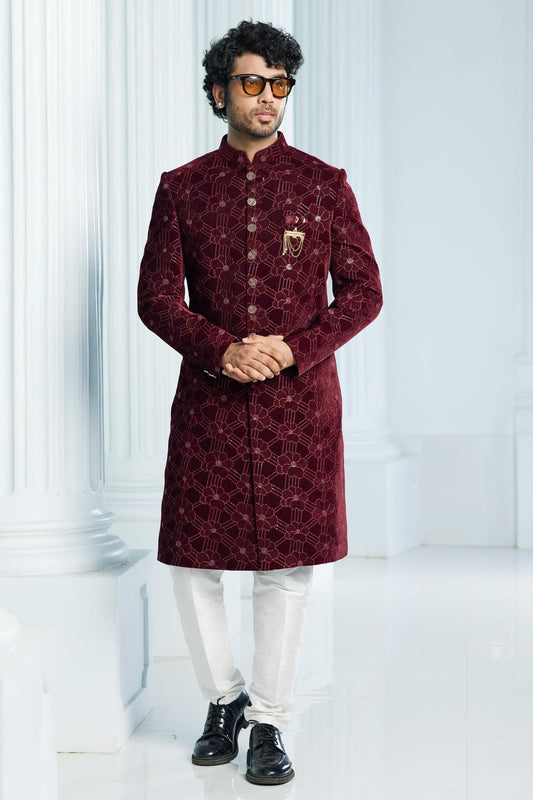 Wine Colour Velvet Thread Embroidery Work Indo Western