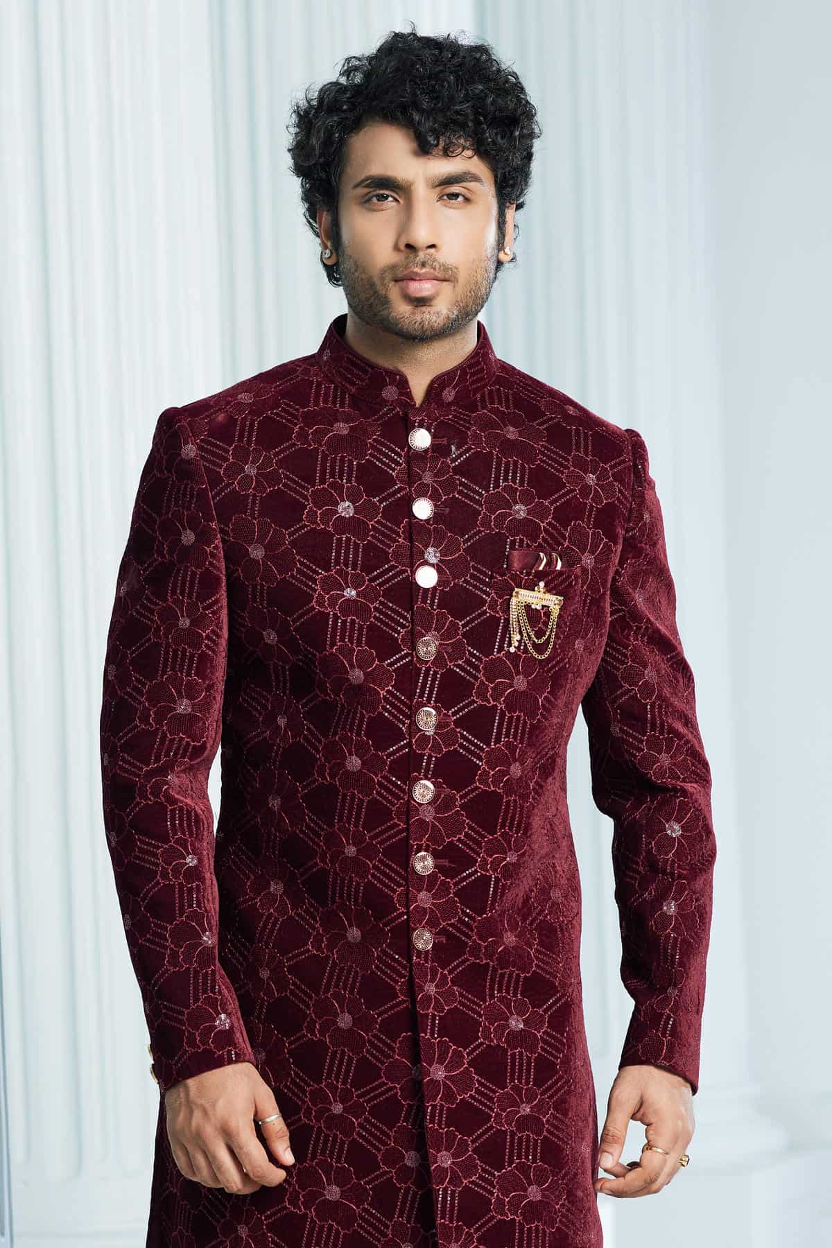 Wine Colour Velvet Thread Embroidery Work Indo Western