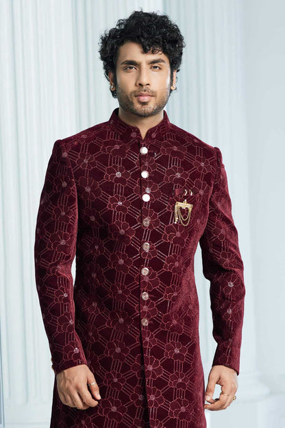 Wine Colour Velvet Thread Embroidery Work Indo Western
