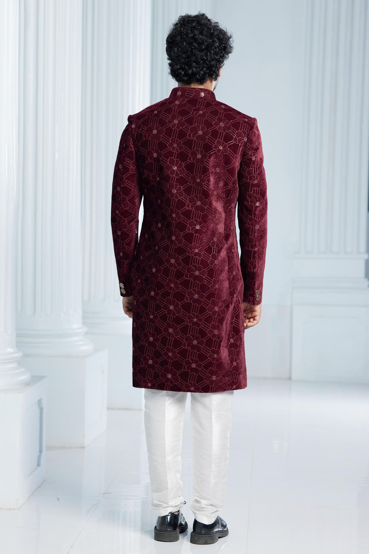 Wine Colour Velvet Thread Embroidery Work Indo Western