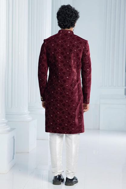 Wine Colour Velvet Thread Embroidery Work Indo Western