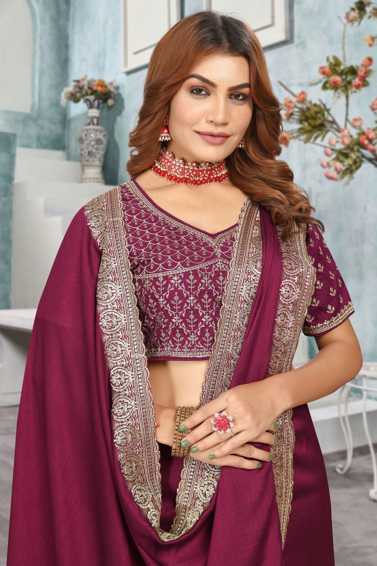 Wine Colour Vichitra Bloming Designer Saree SD1091225 A