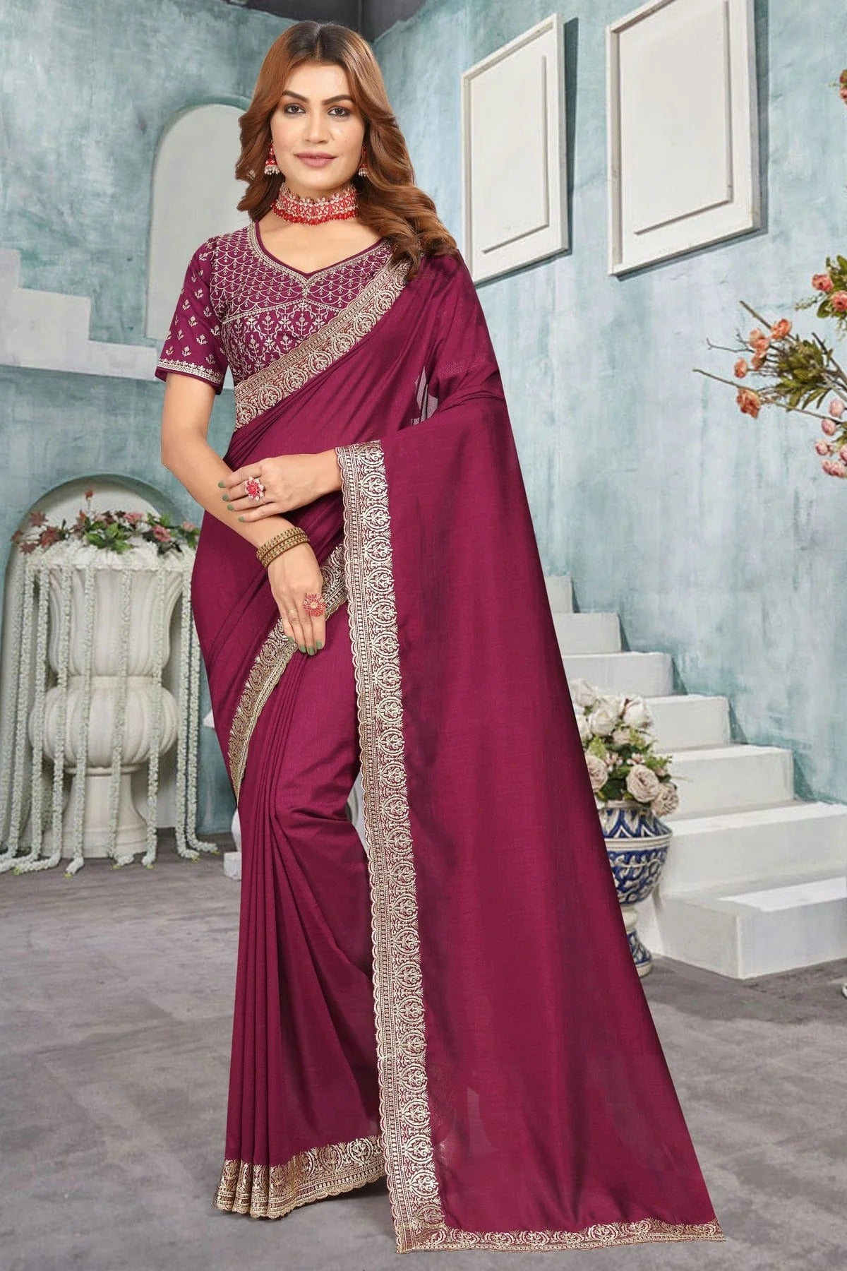 Wine Colour Vichitra Bloming Designer Saree SD1091225