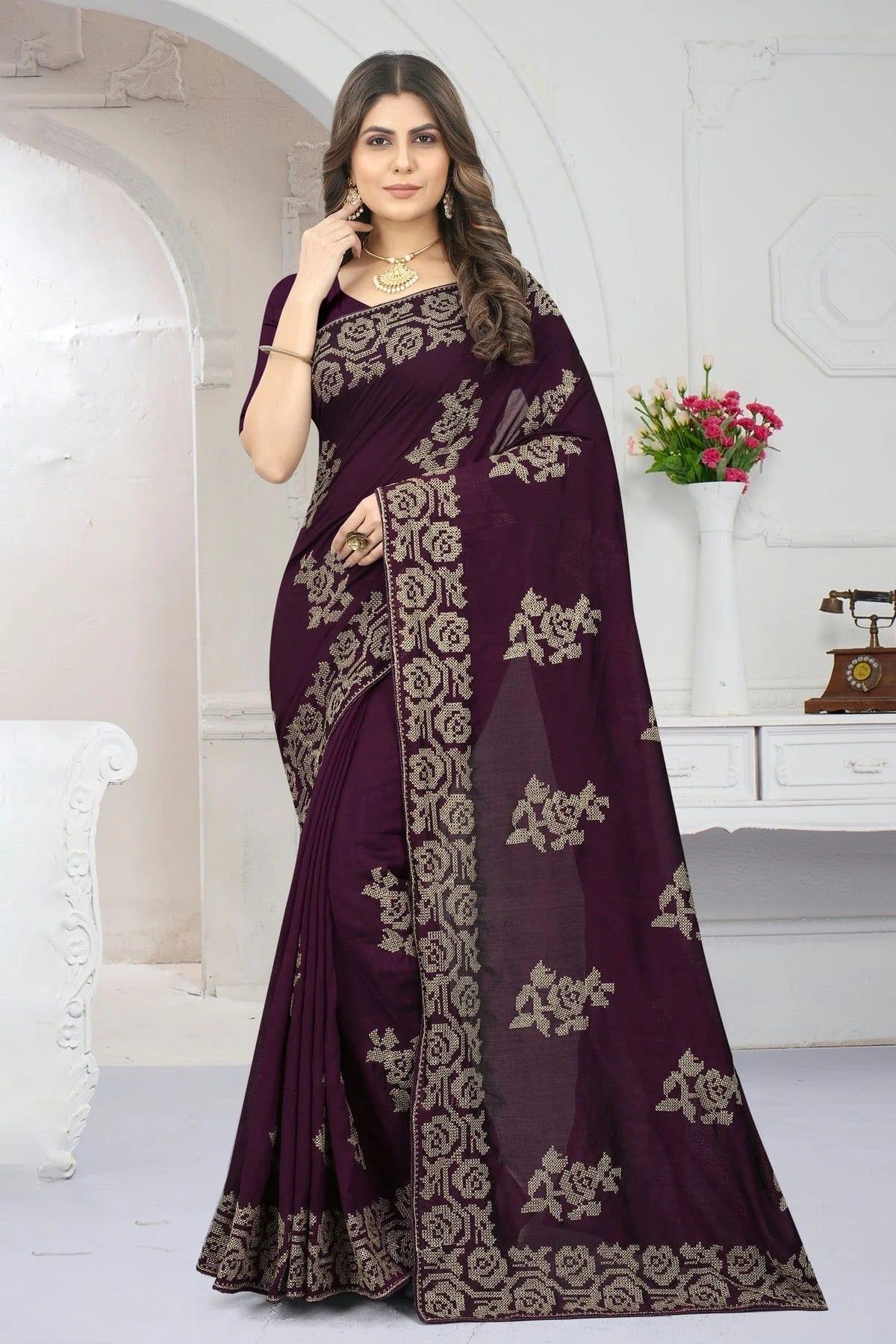 Wine Colour Vichitra Silk Designer Saree LC1121382