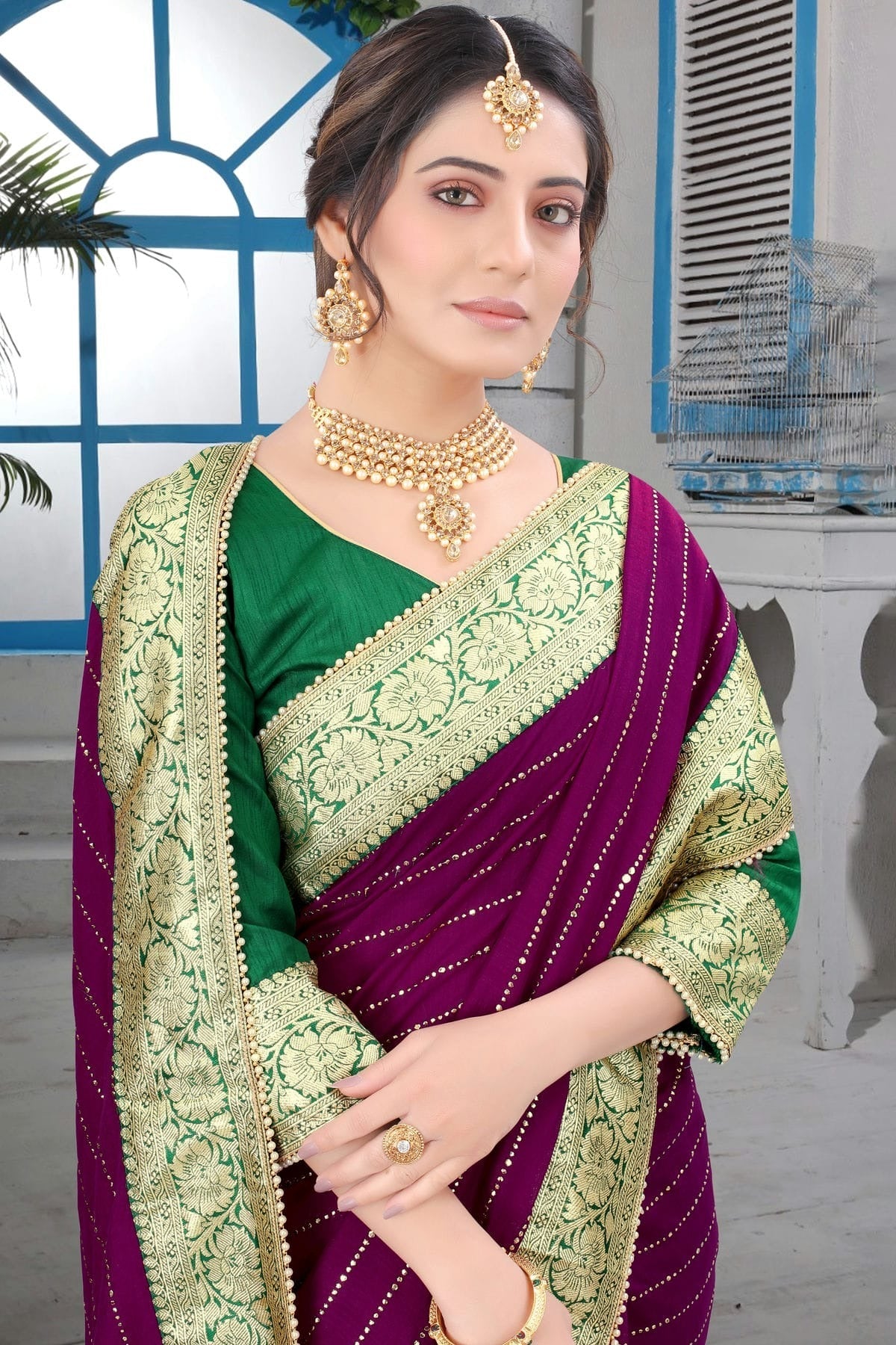 Wine Colour Vichitra Silk Designer Saree LC1121462 A