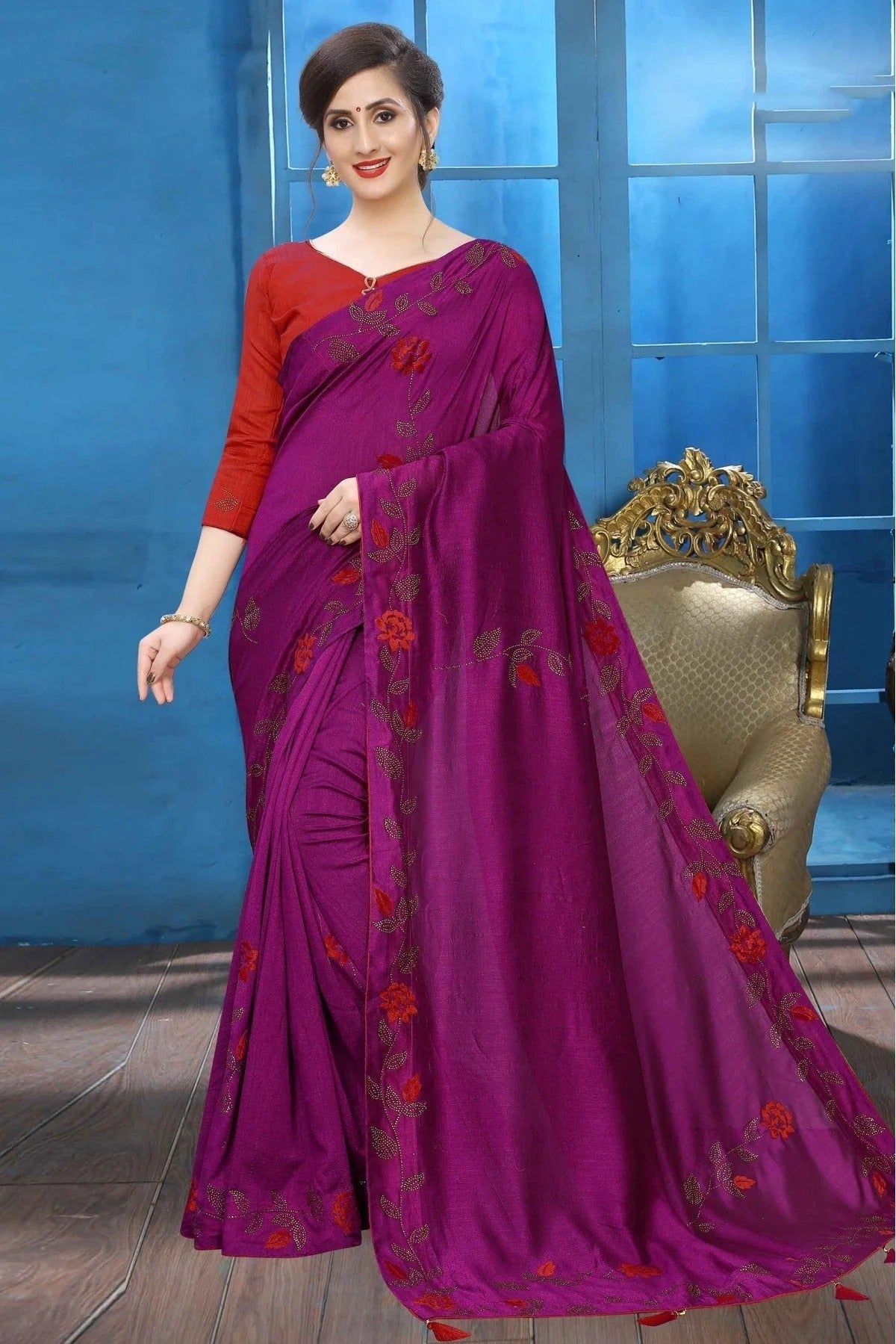 Wine Colour Vichitra Silk Designer Saree SD1120518