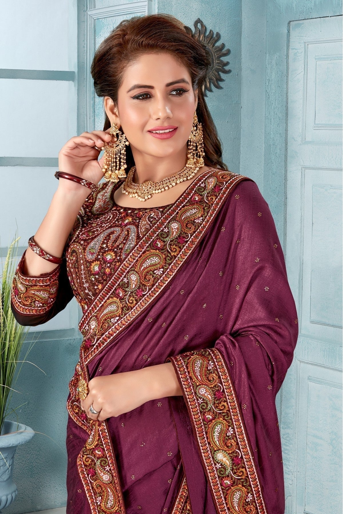 Wine Colour Vichitra Silk Embroidery Saree SD1120820 A