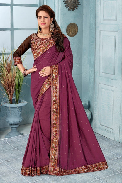 Wine Colour Vichitra Silk Embroidery Saree SD1120820