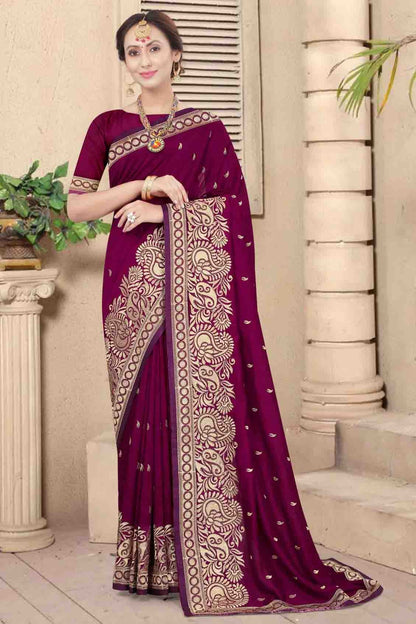 Wine Colour Vichitra Silk Embroidery Saree SD1120957