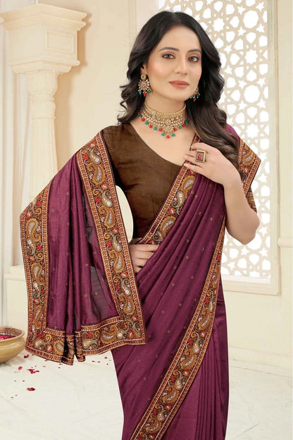 Wine Colour Vichitra Silk Embroidery Saree SD1120968 A